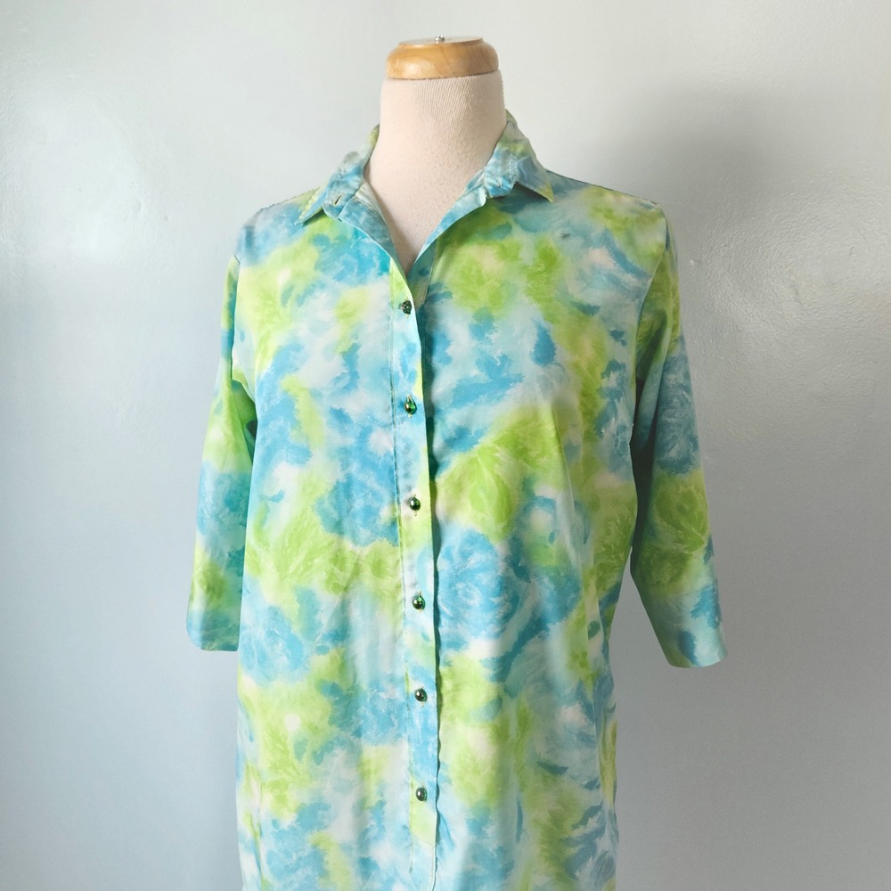Vtg 60s 70s Lady Bayard Watercolor Print House Dress Blue Green Button Front M